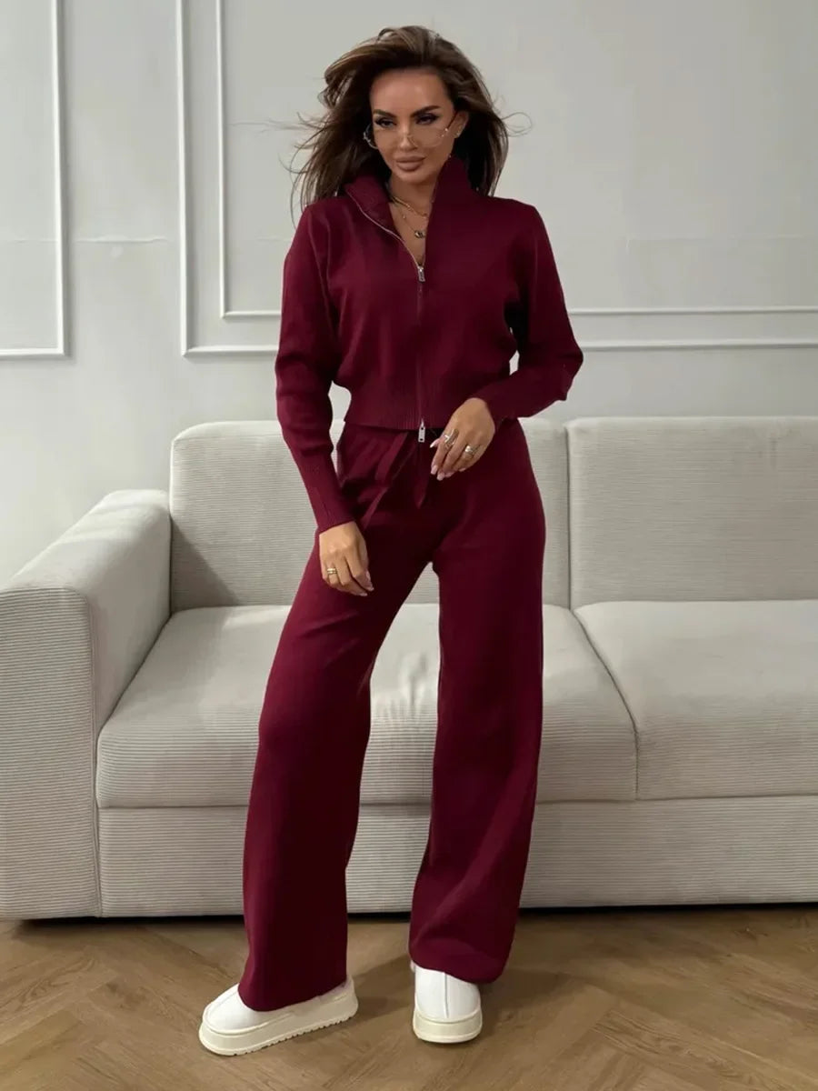 Effortless Elegance for Every Season Zip Up Knit Pants Set