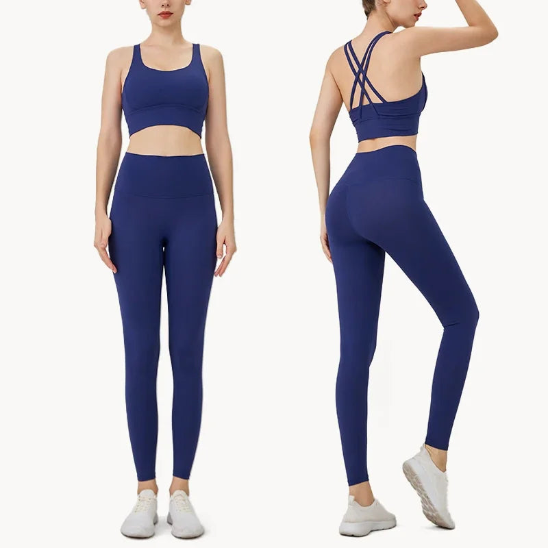 Summer New 2-Piece Yoga Set – Cross Back Sports Bra &amp; High-Waist Leggings