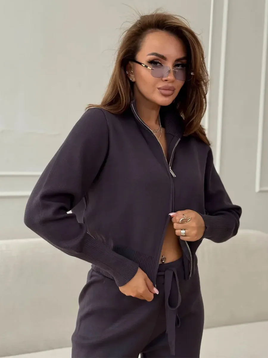 Effortless Elegance for Every Season Zip Up Knit Pants Set