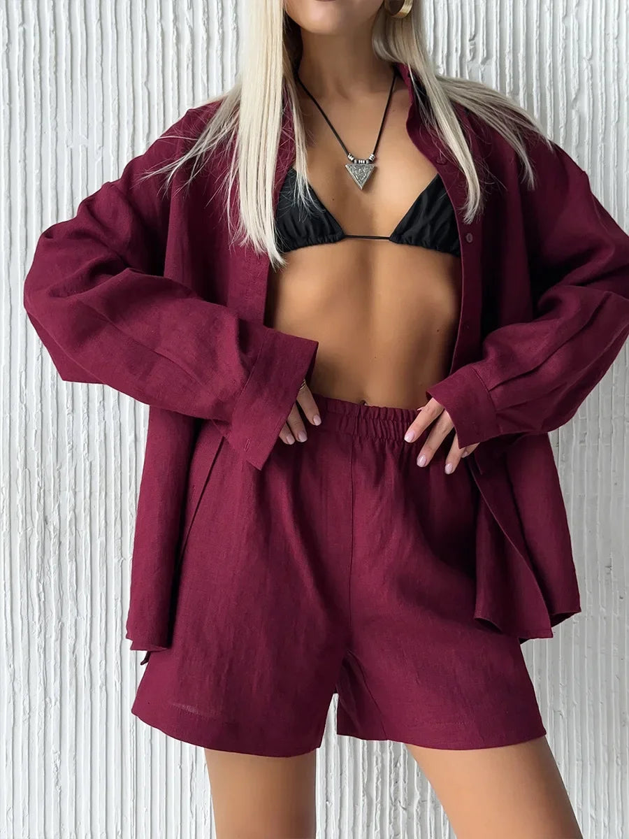 Wolfeel Women's Casual Shorts Sets 100% Cotton Solid Color