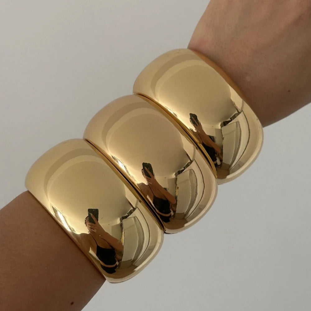 Two Exaggerated Punk Gold Color Chunky Wide Bangles