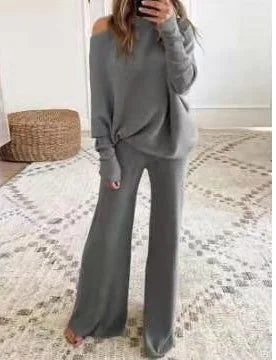 Fashion One-shoulder Long-sleeved Top + Straight Pants 2-piece Set