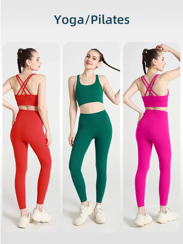 Summer New 2-Piece Yoga Set – Cross Back Sports Bra &amp; High-Waist Leggings