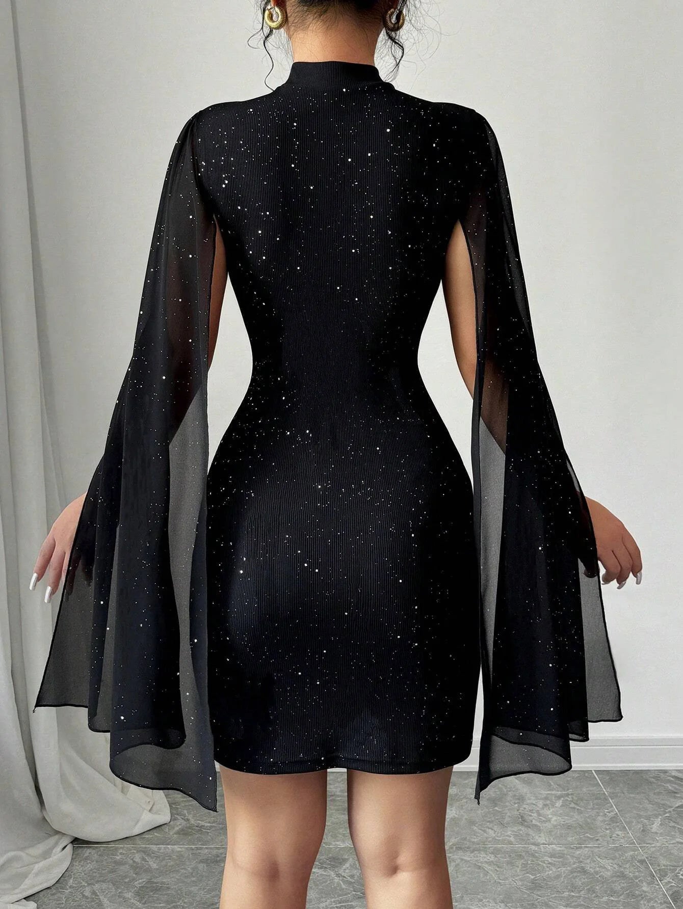 Sexy Women's Stand Collar Cape Mini Dress Sequins Sparkling Club Party