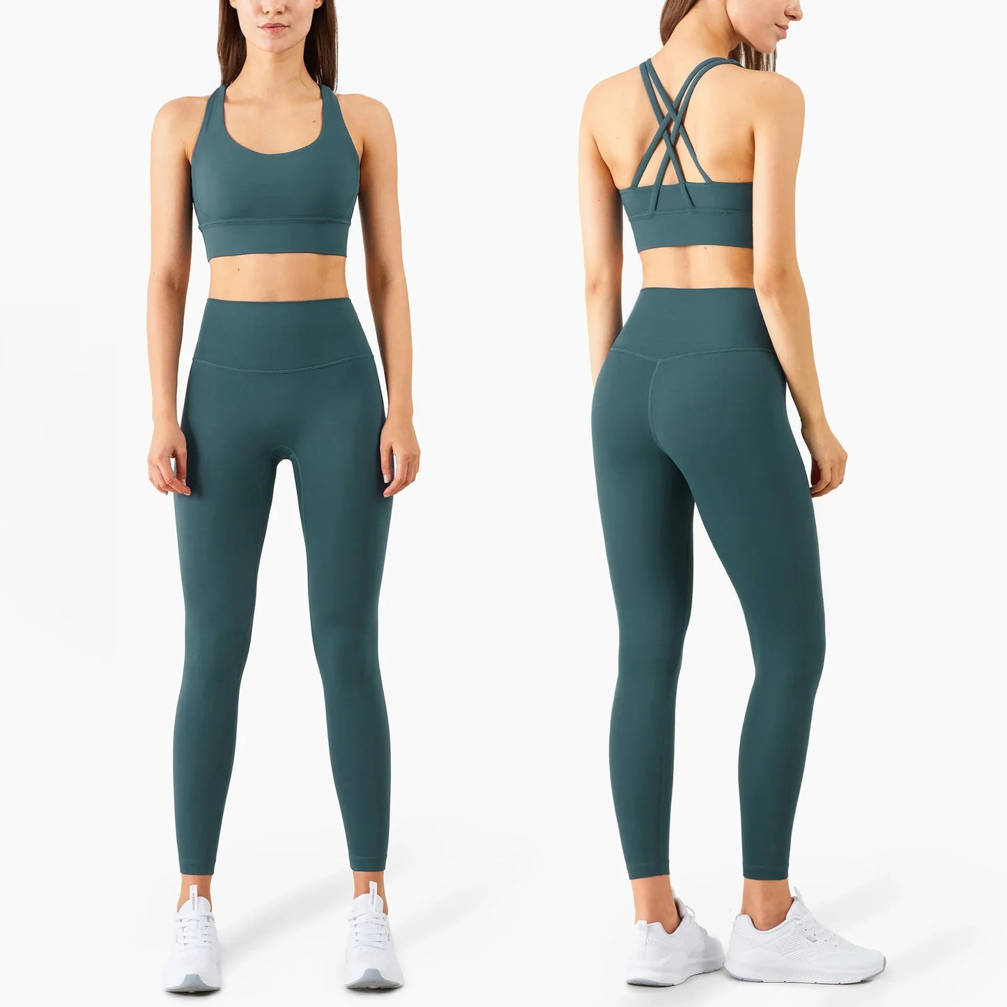 Summer New 2-Piece Yoga Set – Cross Back Sports Bra &amp; High-Waist Leggings