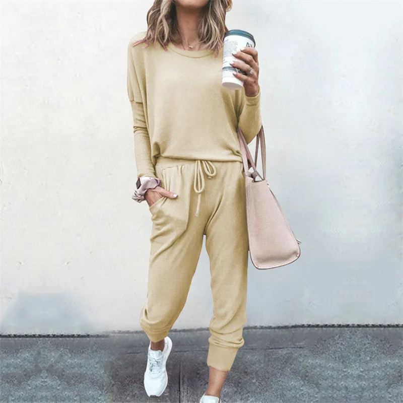 Hot Women's Long Sleeve Round Neck Top and Pants Set