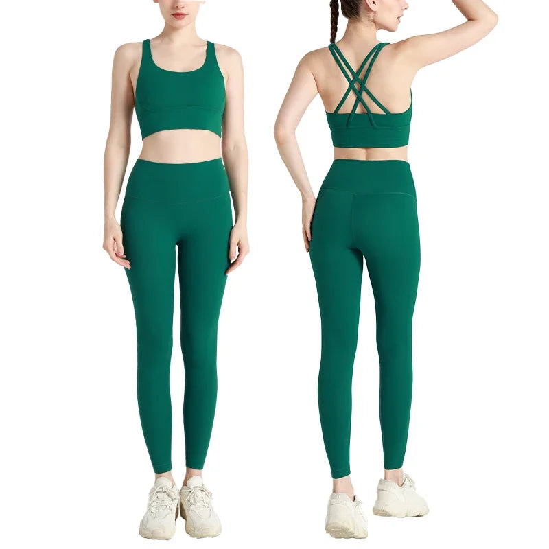 Summer New 2-Piece Yoga Set – Cross Back Sports Bra &amp; High-Waist Leggings