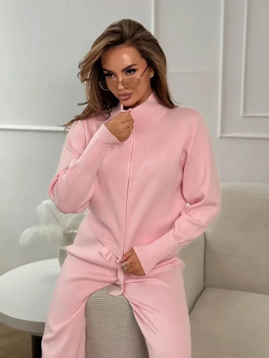 Effortless Elegance for Every Season Zip Up Knit Pants Set