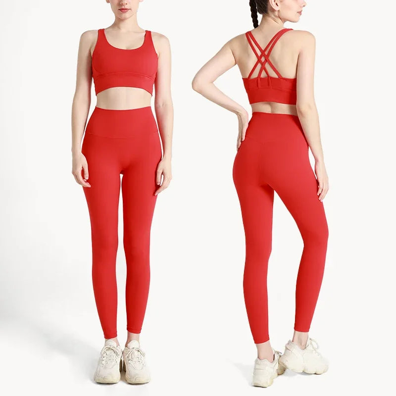 Summer New 2-Piece Yoga Set – Cross Back Sports Bra &amp; High-Waist Leggings