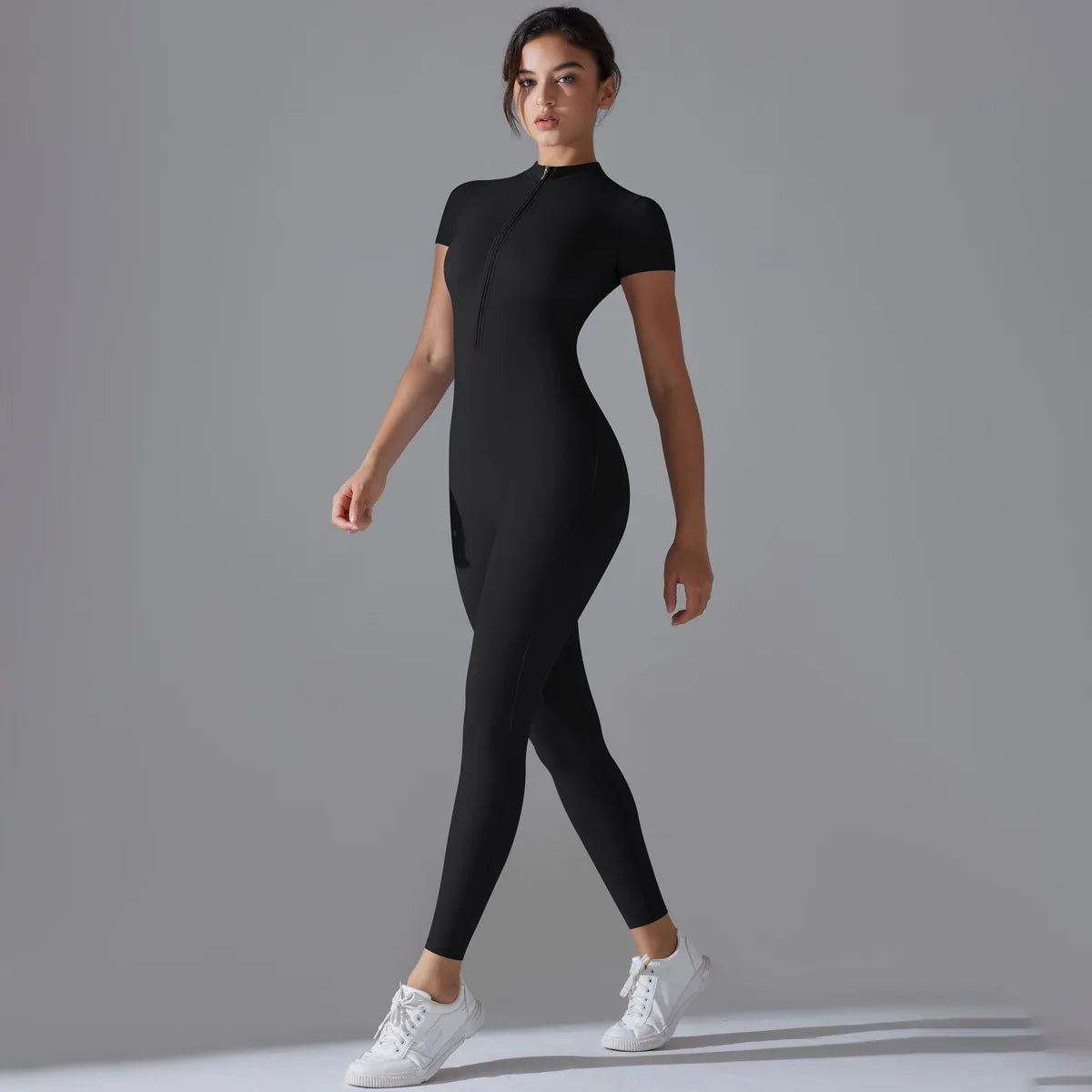 Naked Zipper Short-Sleeved Yoga Jumpsuit