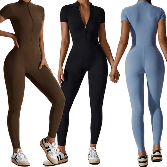 Naked Zipper Short-Sleeved Yoga Jumpsuit