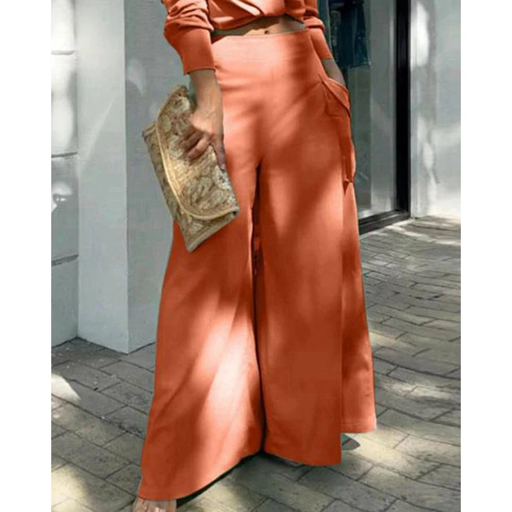 Women Solid Long Sleeve Ruched Crop Shirt & High Waist Pants