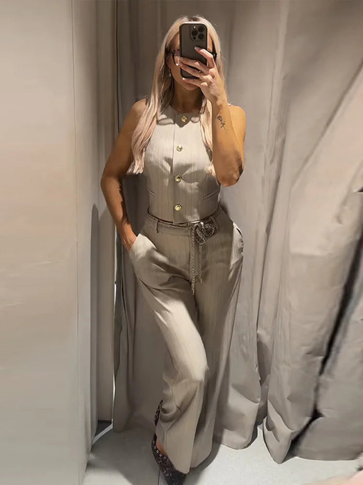 Metal Buttons Vests Belted Pants Suits Women's Slim Sleeveless Tank