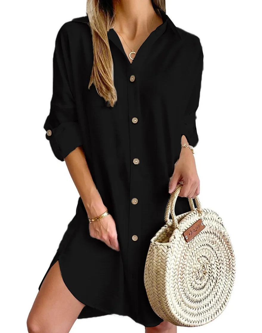 Solid Color Button Front Shirt Dress Casual Long Sleeve