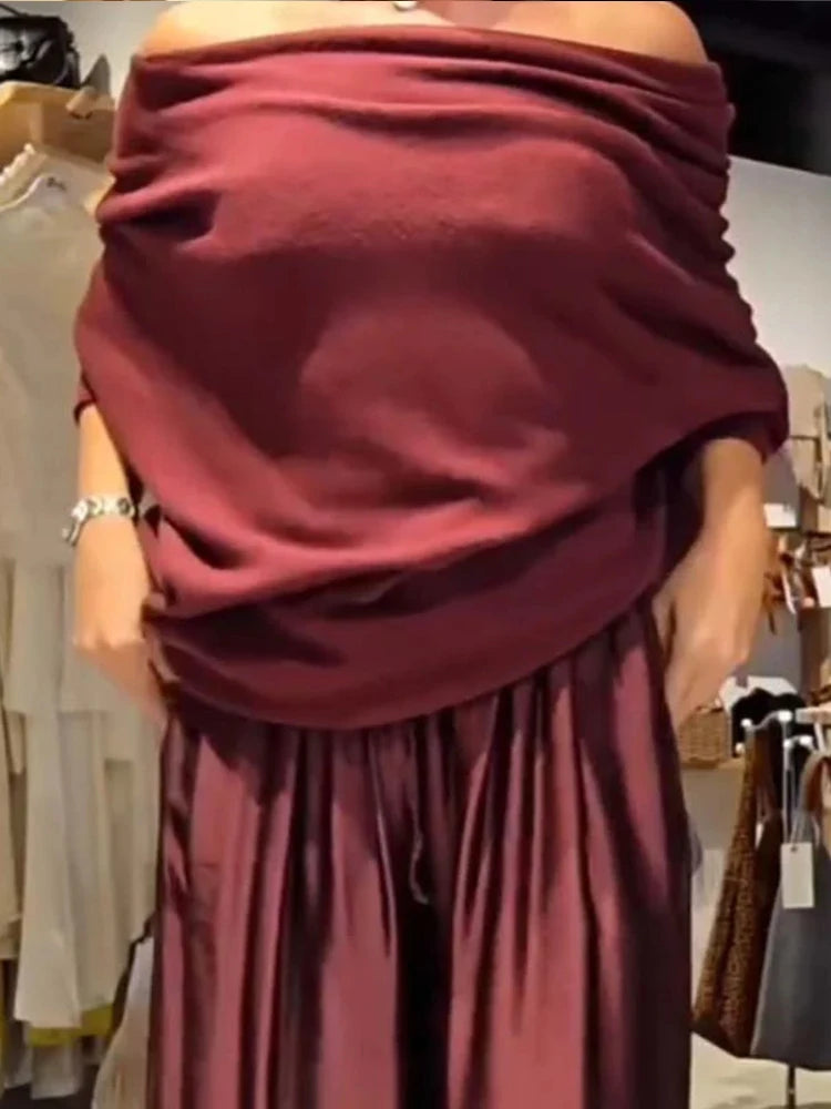 Elegant Slash Collar Off Shoulder Top&Satin Wide Leg Pants Sets