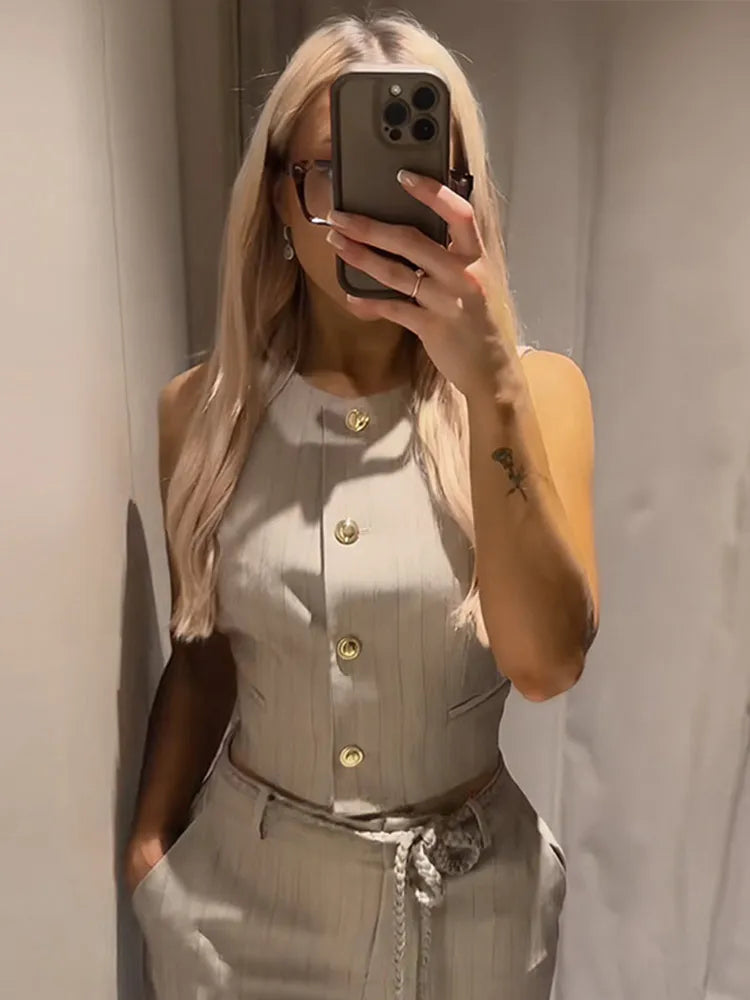 Metal Buttons Vests Belted Pants Suits Women's Slim Sleeveless Tank