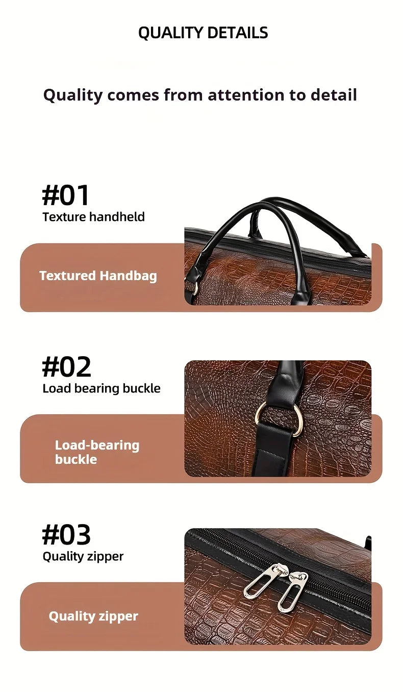 Large Capacity Retro Crocodile-Textured Travel Duffel Bag