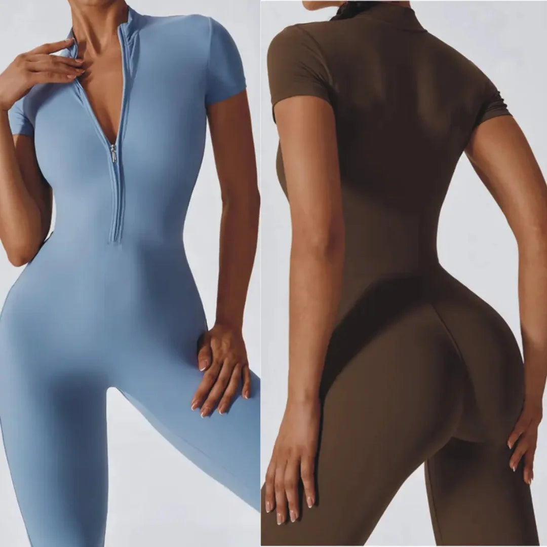 Naked Zipper Short-Sleeved Yoga Jumpsuit
