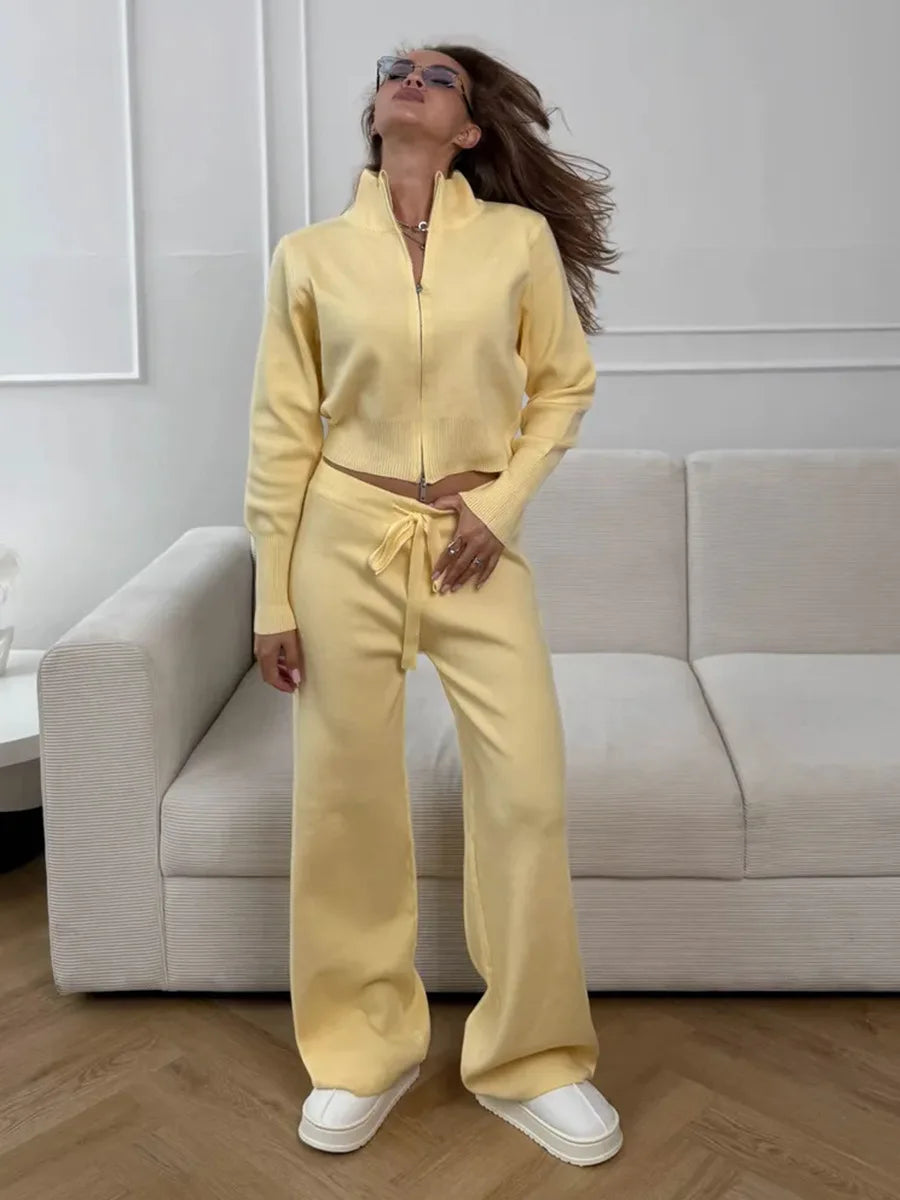 Effortless Elegance for Every Season Zip Up Knit Pants Set