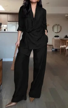 Women Pants 2 Piece Sets Top Blouse Wide Leg Trousers