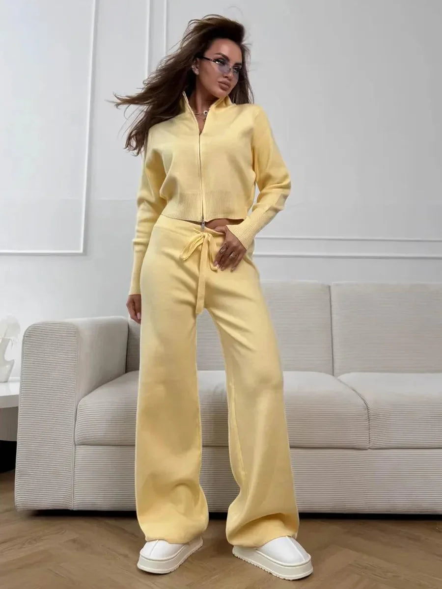 Effortless Elegance for Every Season Zip Up Knit Pants Set