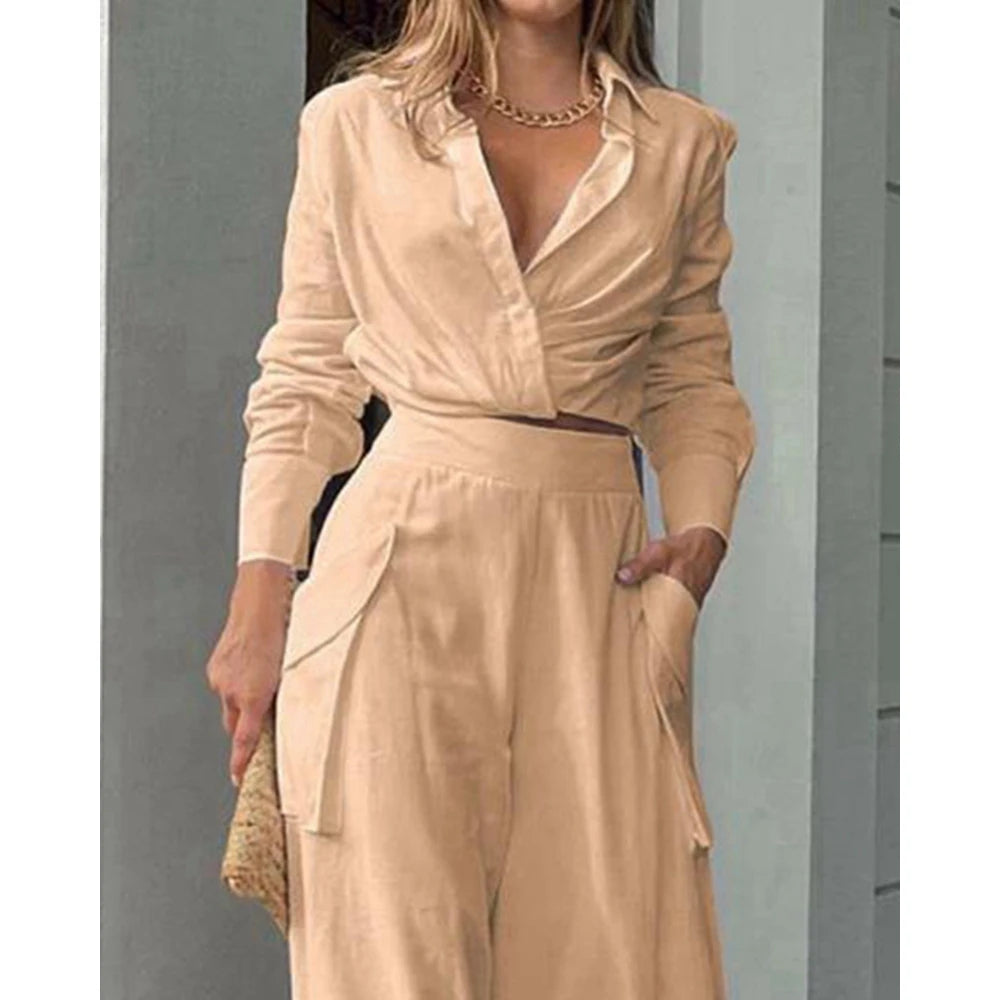 Women Solid Long Sleeve Ruched Crop Shirt & High Waist Pants