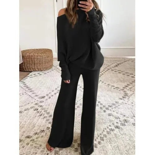 Fashion One-shoulder Long-sleeved Top + Straight Pants 2-piece Set