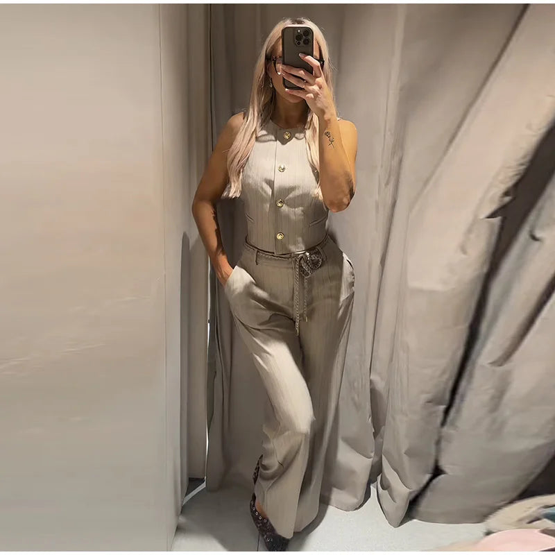 Metal Buttons Vests Belted Pants Suits Women's Slim Sleeveless Tank
