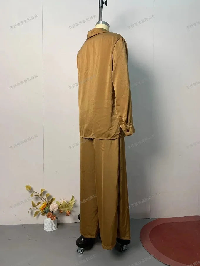 Women Pants 2 Piece Sets Top Blouse Wide Leg Trousers