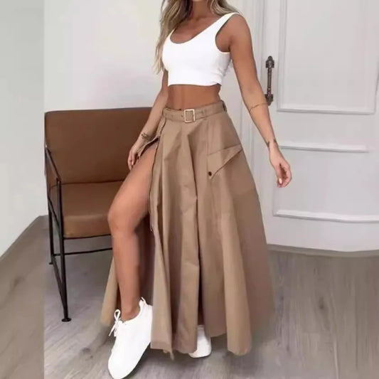 Elegant Irregular Split High-Waist A-Line Skirt for Women