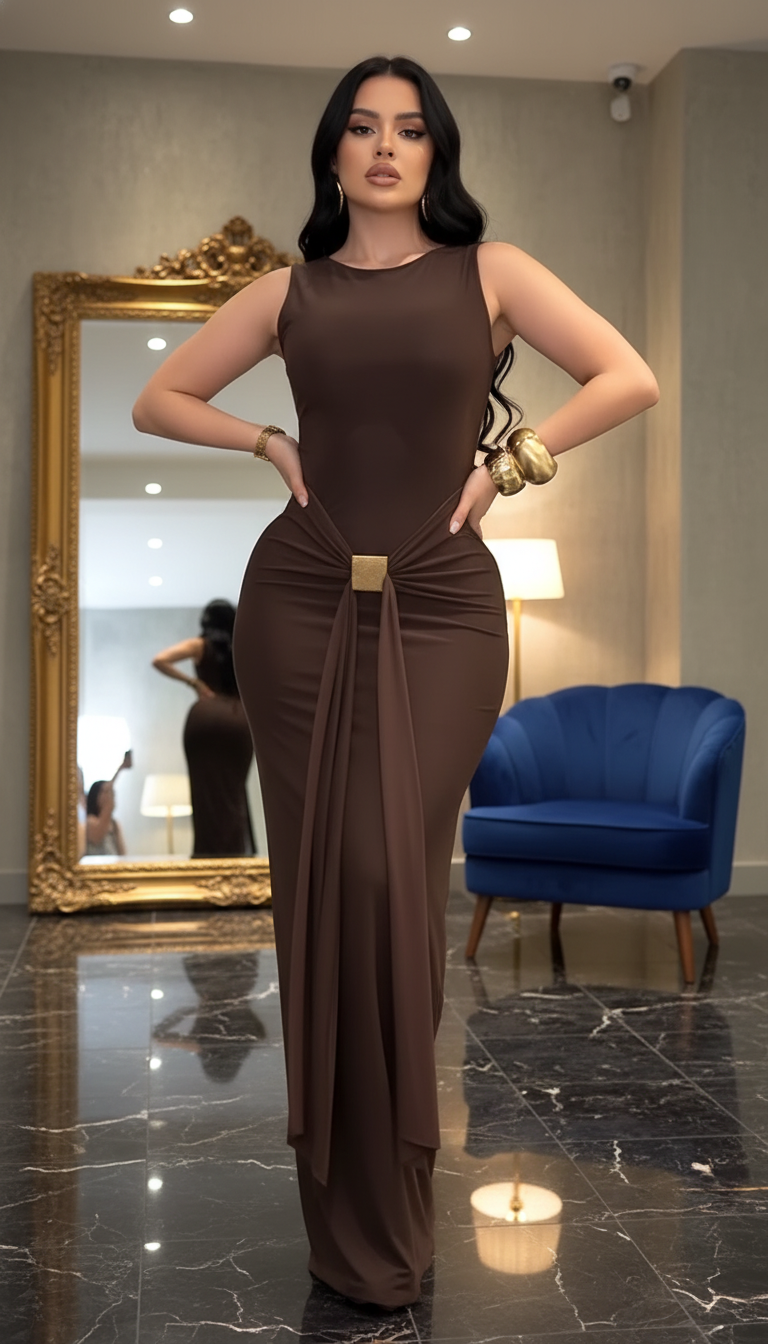 Sexy Slim Fit Backless Sleeveless Wrap Dress with Belt Elegant Pleated