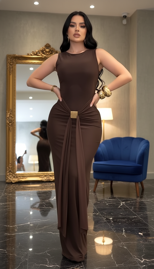 Sexy Slim Fit Backless Sleeveless Wrap Dress with Belt Elegant Pleated