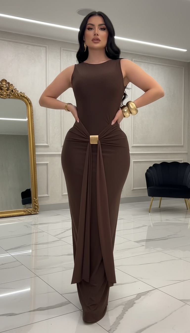 Sexy Slim Fit Backless Sleeveless Wrap Dress with Belt Elegant Pleated